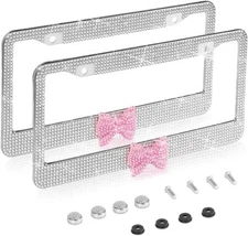2 Pack Metal Diamond Bling Glitter License Plate Frame Cover Crystal Rhinestone