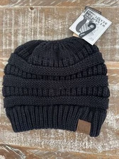 CC Beanie Tail Soft Stretch Cable Knit Messy High Bun Ponytail Beanie