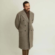 Autumn Winter Tweed Herringbone Overcoat Double Breasted Warm Casual Long Coat