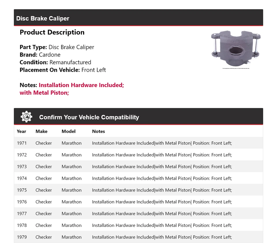 Pinza de freno de disco delantera izquierda Cardone 1972 1973 Checker Marathon 1971-1979 Foto 2 de 3