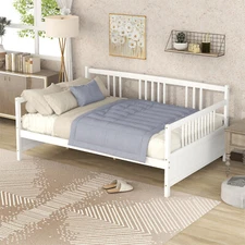 Full Size Daybed Wooden Bed Frame Sofa Bed Wooden Slat Support for Bedroom White