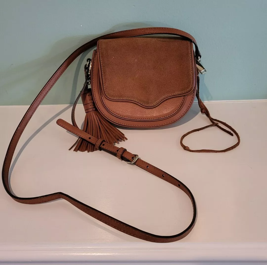 Rebecca Minkoff Micro Pak Crossbody Bag Tan Leather Suede w Magnetic Snap Tassle