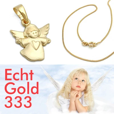 FACHHANDEL-DIREKT Echt Gold 333 Baby Taufe Kinder Herz Schutz Engel mit Silber Kette 925 vergoldet