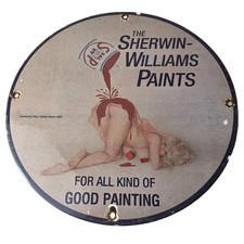 Vintage Sherwin Williams Paint Porcelain Hardware Store Gas Pinup Girl Sign