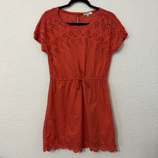 Madewell Women's Orange Eyelet Cotton Short Sleeve Tie Waist Shift Dress Size 0