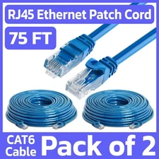 2 Pack 75 FT Cat6 Patch Cord Blue RJ45 LAN Network Cable Internet Ethernet Cord