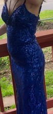 Blue Sequin Mermaid Formal Dress Lace Up Back V-Neck Sleeveless Long Gown