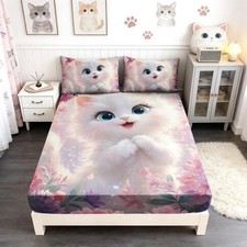 Uevbf Kids Fitted Sheet Set Full Sizepink Cats Bedding Set For Girls Kawaii