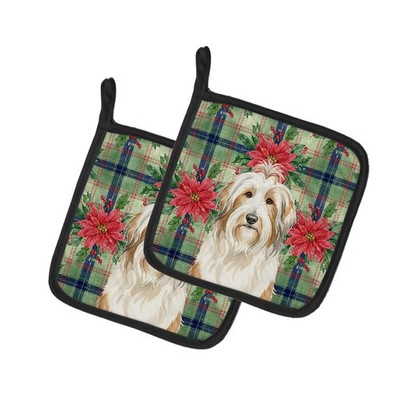 Carolines Treasures White Tan Bearded Collie Christmas Poinsetta Pair Potholders