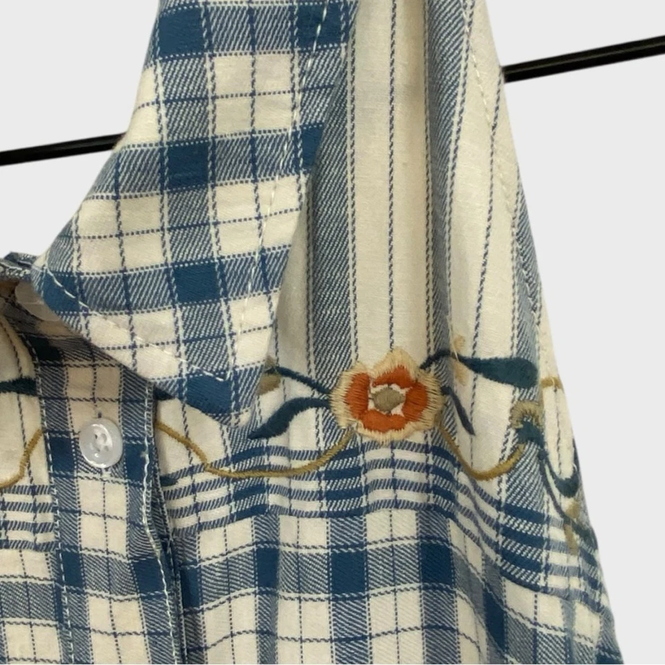 Mono retro Anthropologie nuevo sin etiquetas azul blanco a cuadros floral bordado pierna ancha Foto 4 de 4