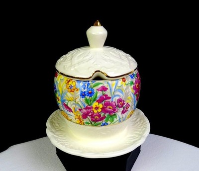 Erphila Bavaria Porcelain Mayfair Cheery Chintz 5 5/8'' Jam Pot & Underplate 1920
