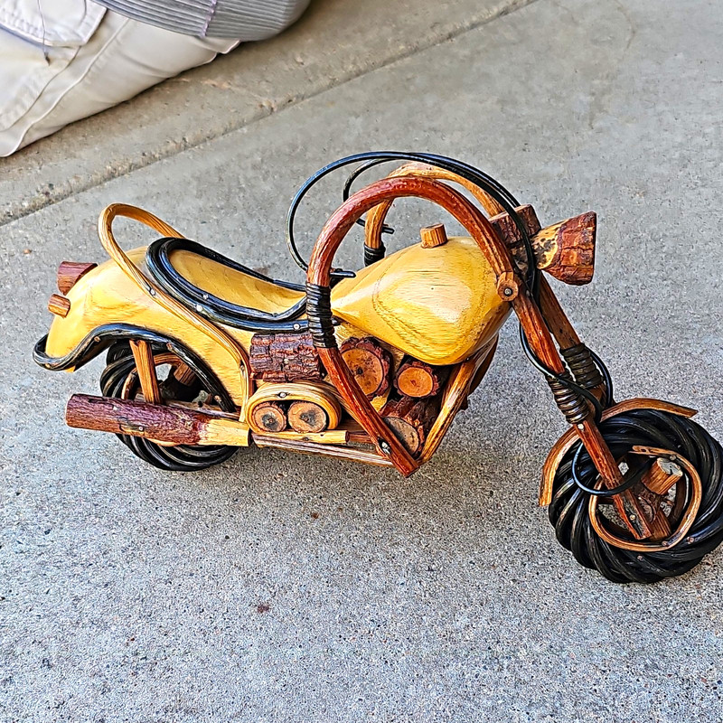 Handmade Teak Wood Motorcycle Figurine Sculpture 3D Effect