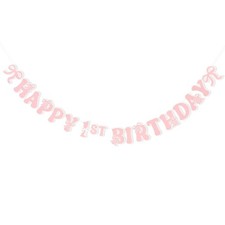 Happy 1st Birthday Banner - Pink Bow Decorations, Girl's First Birthday Banner