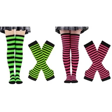 4 Pairs Womens Striped Arm Warmers Goth Y2K Knitted 2 Sets Pink+neon Green
