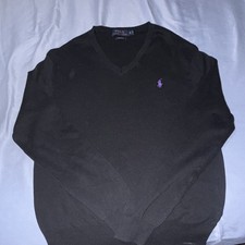 Polo Ralph Lauren Mens M Black Cotton Knit V-Neck Pullover Sweater Logo