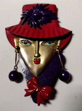 Red Hat Society Ladies Large Metal Brooch W/ Dangle Earrings Purple