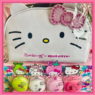 New The Crème Shop x Hello Kitty Macaron Lip Balm Set of 4 w/ Makeup Bag Bundle 