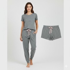 Felina Womens Large 3 Piece Pajama Set Top Pants Shorts Gray with Stars