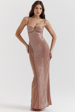 NEW, HOUSE OF CB Bonita Cafe Au Lait Sequin Maxi Dress in Beige Sz L  #MD2468