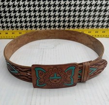 VINTAGE CHAMBERS 30 BROWN TEAL HAND TOOLED SUNFACE LEATHER ZUNI BELT BUCKLE USA
