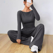 2PCS lounge set women's travel Outfits Comfy Loungewear Wide Leg Pants Tracksuit