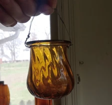 1870s RARE RIBBED PATTERN MOLD BLOWN AMBER PONTILED FAIRY LIGHT CANDLE LAMP NICE