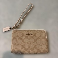 COACH Signature Wristlet Pouch Beige Khaki Canvas Leather Zip Case