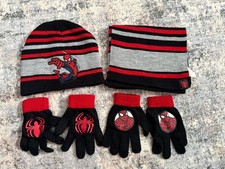 Marvel Spider-Man 3 Piece Set Beanie Hat Gloves Scarf, Red Gray Striped Boys