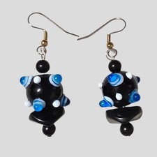 Black Blue Lampwork Glass Bead Dangle Earrings 2" Artisan Boho Jewelry