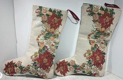Tapestry Christmas Stocking Set Of 2 Double Sided Poinsettia Floral Country 