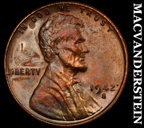 1942-S Lincoln Wheat Cent- Super Color- Choice Gem Brilliant Unc Luster #J4676