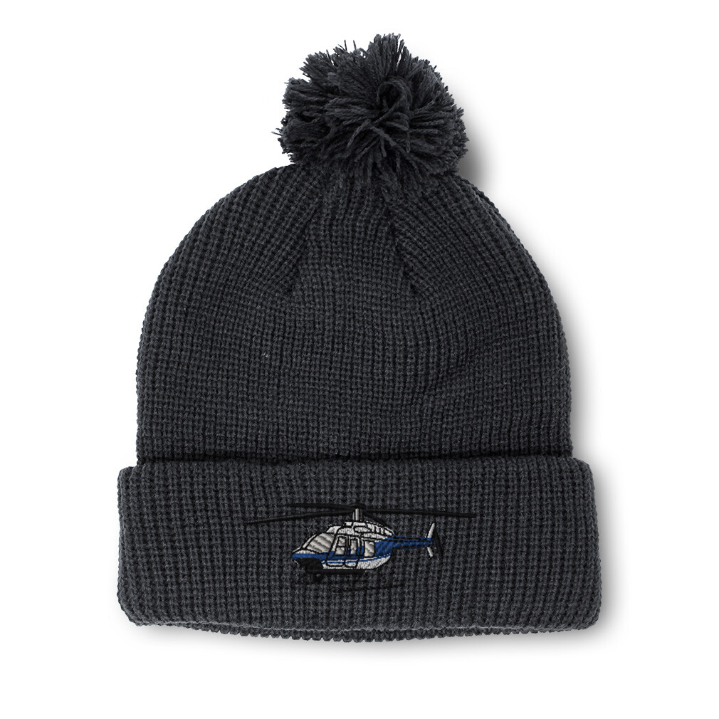 Women's Acrylic Skull Cap with Police Helicopter Embroidery Pom Pom Beanie