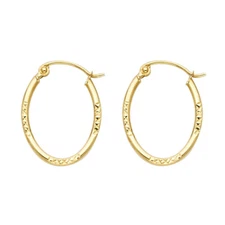 Ioka - 14K Two Tone Gold Diamond Cut Oval Hoop Hinged Earrings
