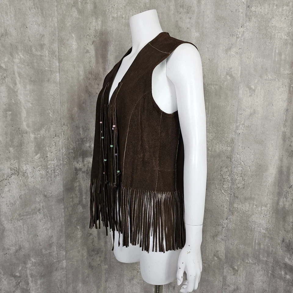 Vintage 70s Pioneer Wear Suede Fringe Vest Beaded Western Hippie Boho Festival - Image 3 of 4