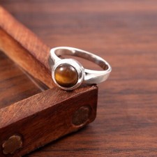 Solid 925 Sterling Silver Dainty Ring Tiger Eye Gemstone Ring Handmade Jewelry