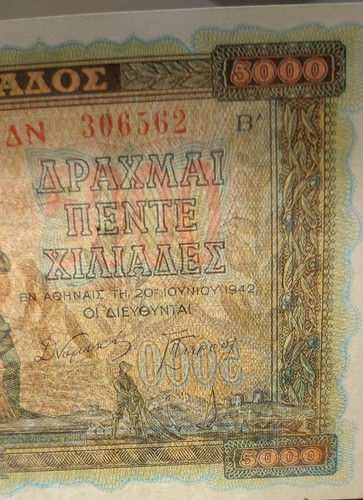 GREECE LOT 2 X 5.000 DRACHMAI 1942 P-119a and P-119b With and without watermark. - Picture 5 of 6