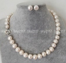 Natural 11-12mm White Freshwater Cultured Real Pearl Necklace Earrings Set 18''