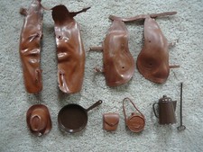 JOHNNY WEST BEST OF WEST Vtg BROWN HAT - 2 CHAPS - PAN - COFFEE POT - CANTEEN  