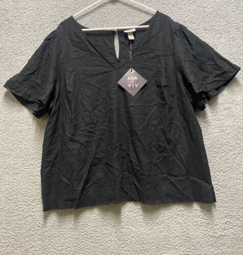 Ava & Viv Shirt Womens 1X Black Plus Size Short Sleeve V Neck Linen Blend Blouse