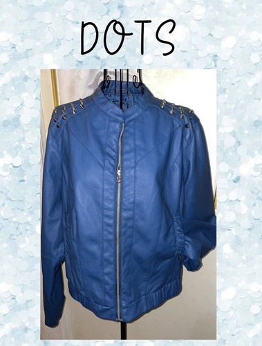 DOTS Blue Faux Leather Bomber Jacket-Full Zip-Silver Studs-Pockets-Small