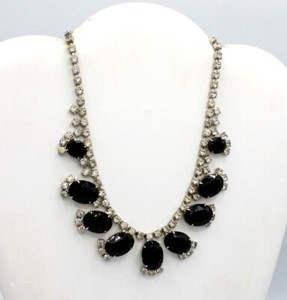 Schreiner Black Rhinestone Necklace Unsigned 16" 1950s Two Tone