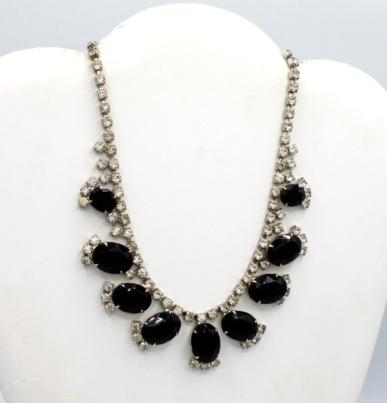 Schreiner Black Rhinestone Necklace Unsigned 16" 1950s Two Tone