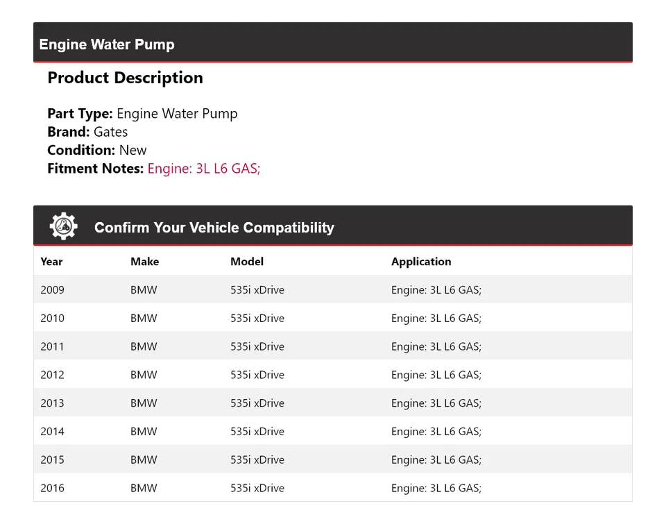 Para BMW 535i xDrive 2009-2016 3L L6 Motor Gas Bomba Agua Puertas 2010 2011 2012 Foto 2 de 4