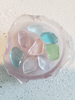 SEA GLASS! COLORFUL FROSTED TINIES NESTED IN A XXL FROSTY LAVENDER BOTTLE BOTTOM