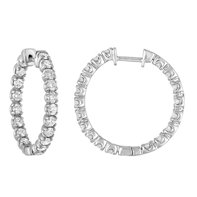 3 ct Diamond Hoop Earrings Women in 14K White Gold Round Prong Inside Out 1 inch