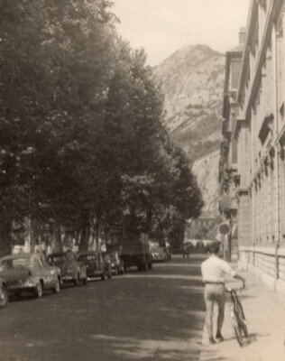 Frankreich Spaltbaum gesäumte Straße Autos Berg altes Amateurfoto 50er Jahre #1
