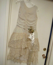 Antique 1920's Beige Chiffon And Lace Wedding Sleeveless Dress Hoop Sides