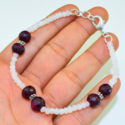 70.00 Cts Earth Mined 7'' Long Red Ruby & Moonstone Beads Bracelet NK 66E102