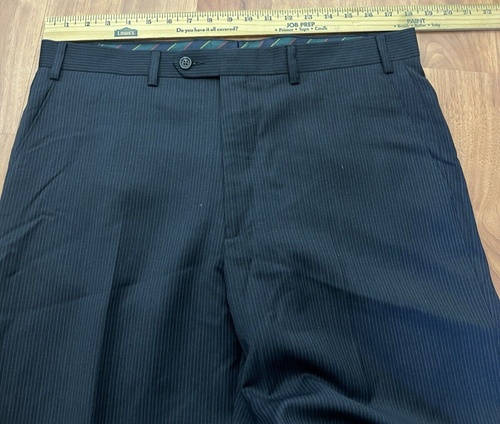 Chaps Suit 2 Piece Black Striped Jacket 44L Pants 36X32 Flat Front - Picture 13 of 14