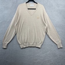 IZOD Mens Sweater Beige Knit Logo Long Sleeve V-Neck Embroidered Pullover Size L